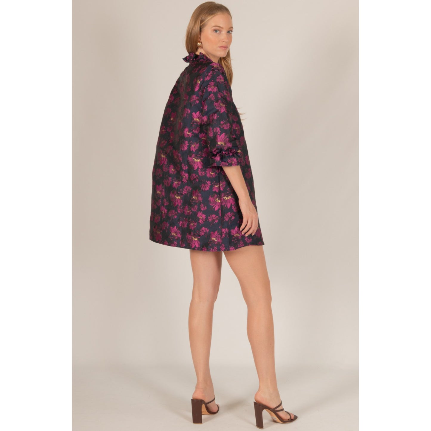BYC - Floral Jacquard, ¾ Sleeve, Dress w Contrast Collar 0472 - Navy / Fuchsia