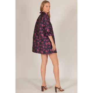 BYC - Floral Jacquard, ¾ Sleeve, Dress w Contrast Collar 0472 - Navy / Fuchsia