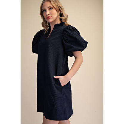 Textured Puff Sleeve Mini Dress – V-Neck Ruffle Dress with Pockets - 8084 - Navy