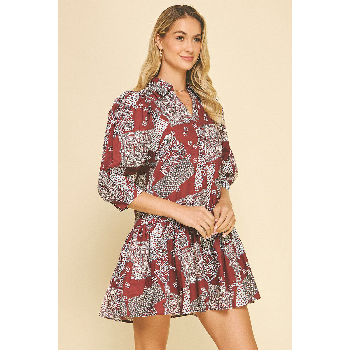 Pinch - Printed, Tiered, Mini Dress 6240 - Burgundy