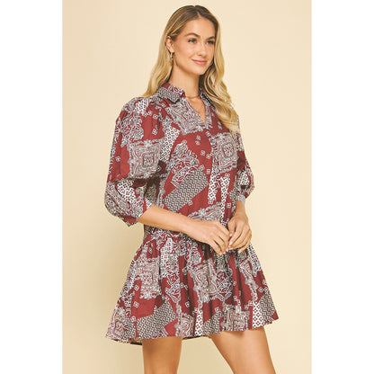 Pinch - Printed, Tiered, Mini Dress 6240 - Burgundy