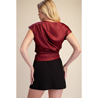 Burgundy Asymmetrical Neck Waist-Tie Blouse Top 8272 - Burgundy