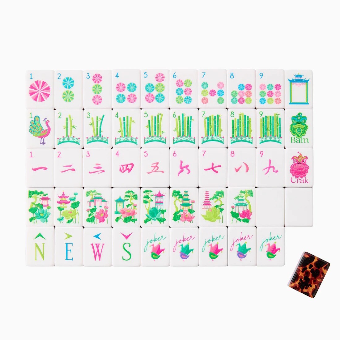 Colorful麻将 tiles with various designs on a white background