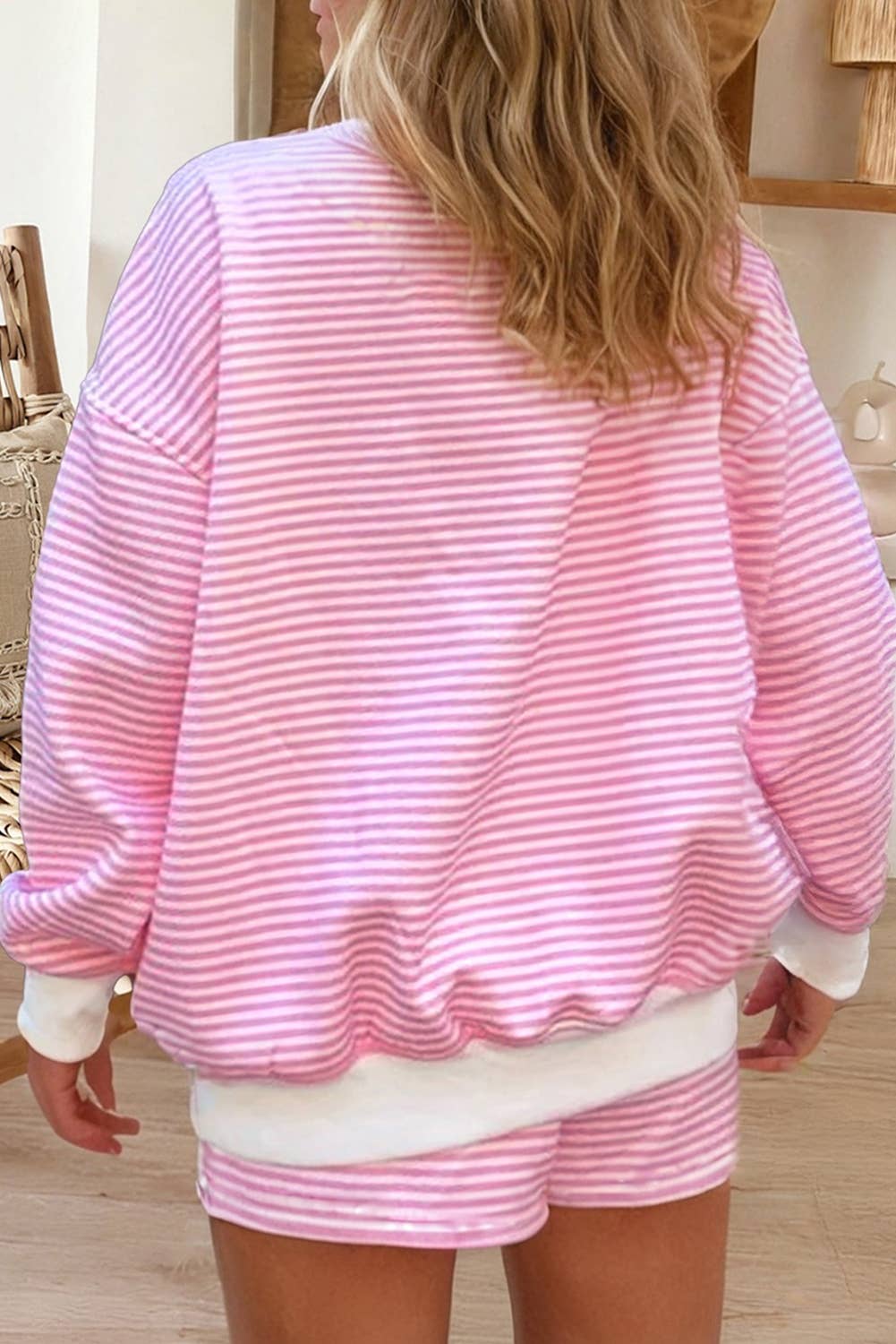 6d - Striped, Oversize Mock Neck Sweatshirt & Shorts Set - Pink