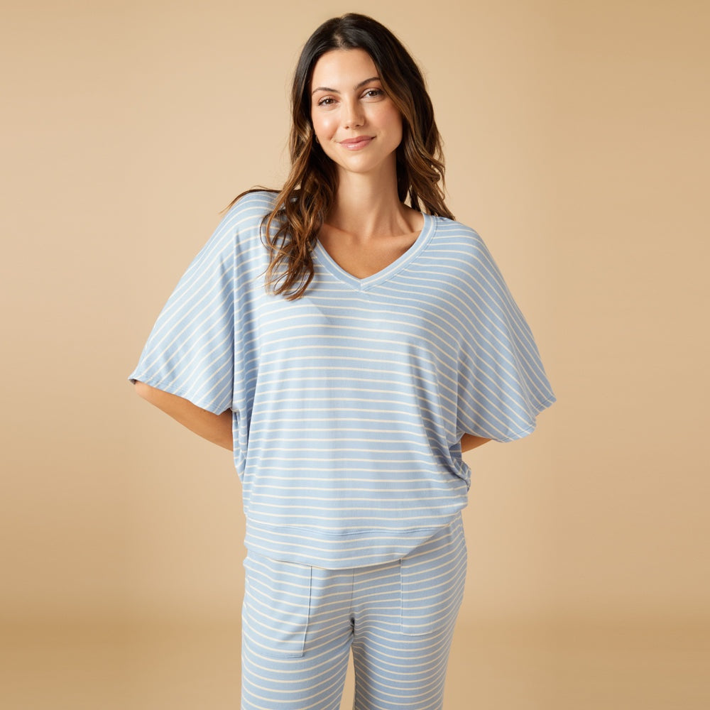 Softies - Sky Blue Striped, Dream Relaxed V-neck with Capri Lounge Set