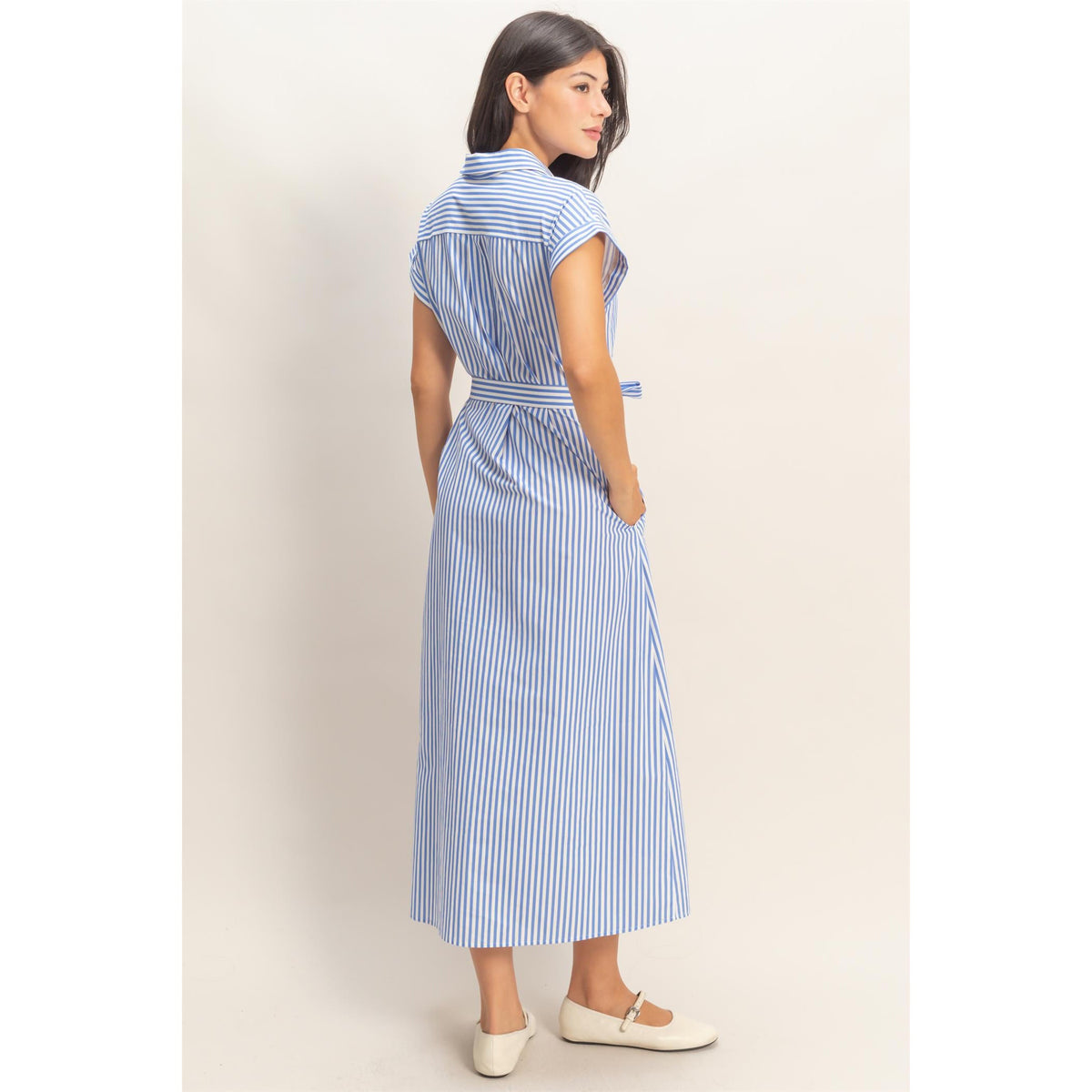 DZ -  Striped, Poplin, Belted, Shirt Dress w Pockets 129 - Blue