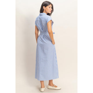DZ -  Striped, Poplin, Belted, Shirt Dress w Pockets 129 - Blue