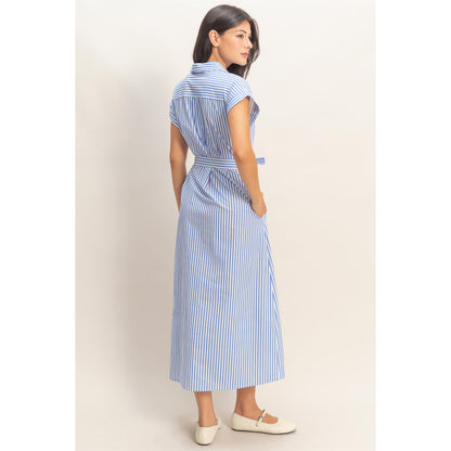 DZ -  Striped, Poplin, Belted, Shirt Dress w Pockets 129 - Blue