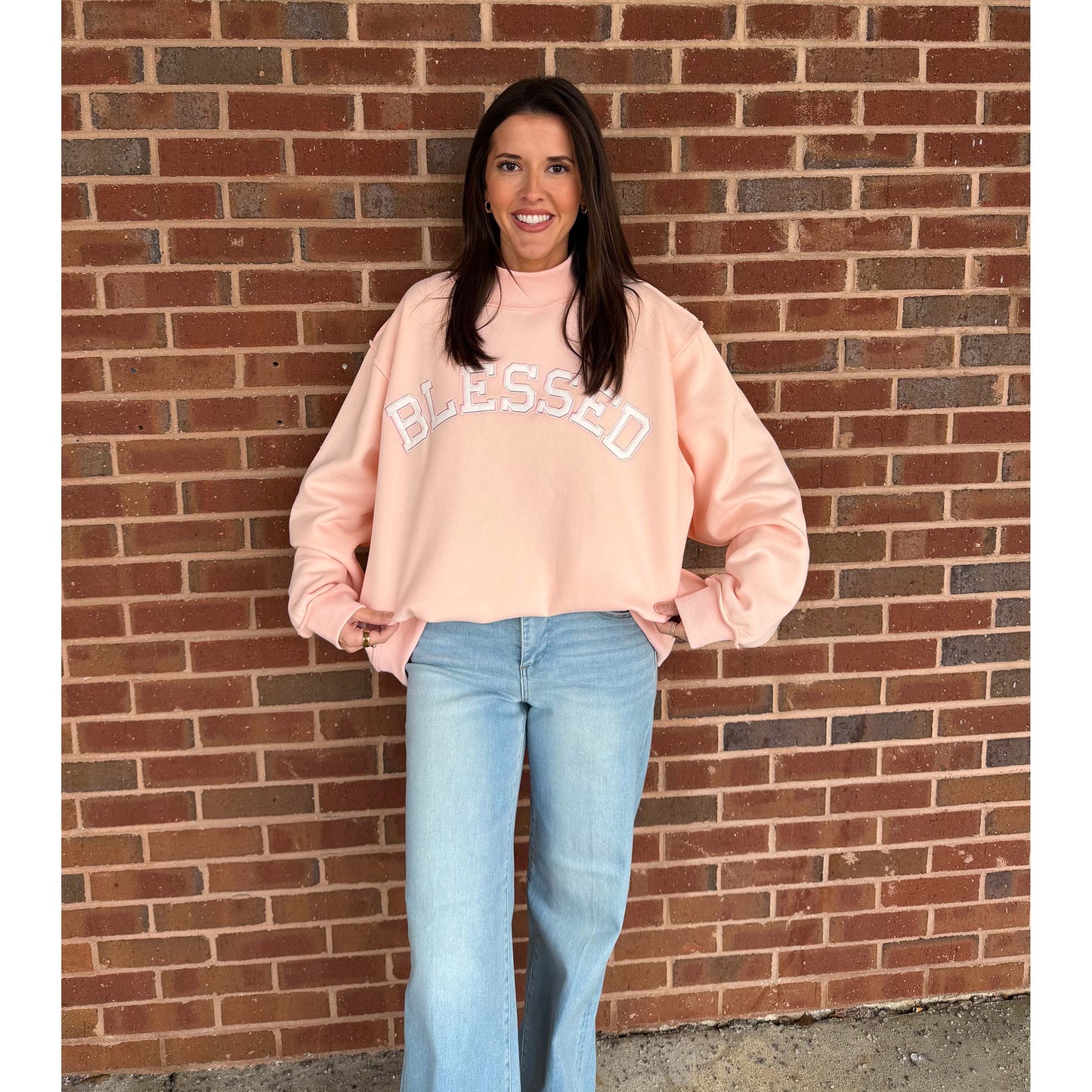 Blessed Graphic Sweatshirt – Soft Peach Oversized Pullover 2594 - Pink - SALE