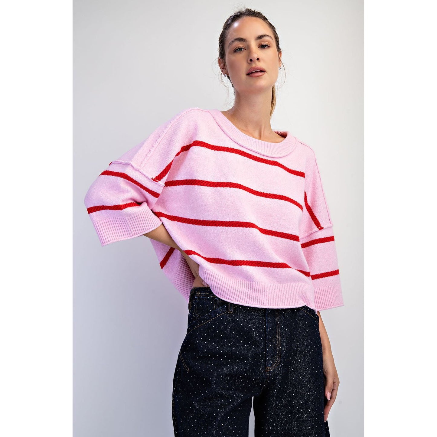 Softest Luxe Striped Crew Sweater Top 0107 - Taffy Pink/Red