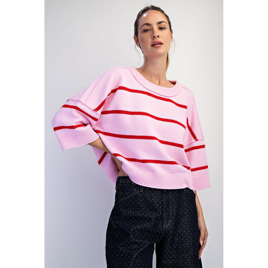 Softest Luxe Striped Crew Sweater Top 0107 - Taffy Pink/Red