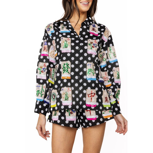 Queen of Sparkles - Black & White Polka Dot Scattered Mahjong Button Up Top