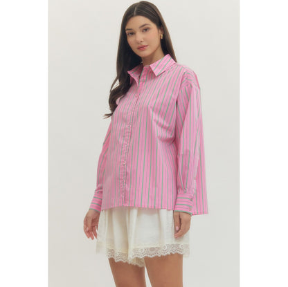 Entro - Striped, Long Sleeve Button Up Top 0121 - Pink