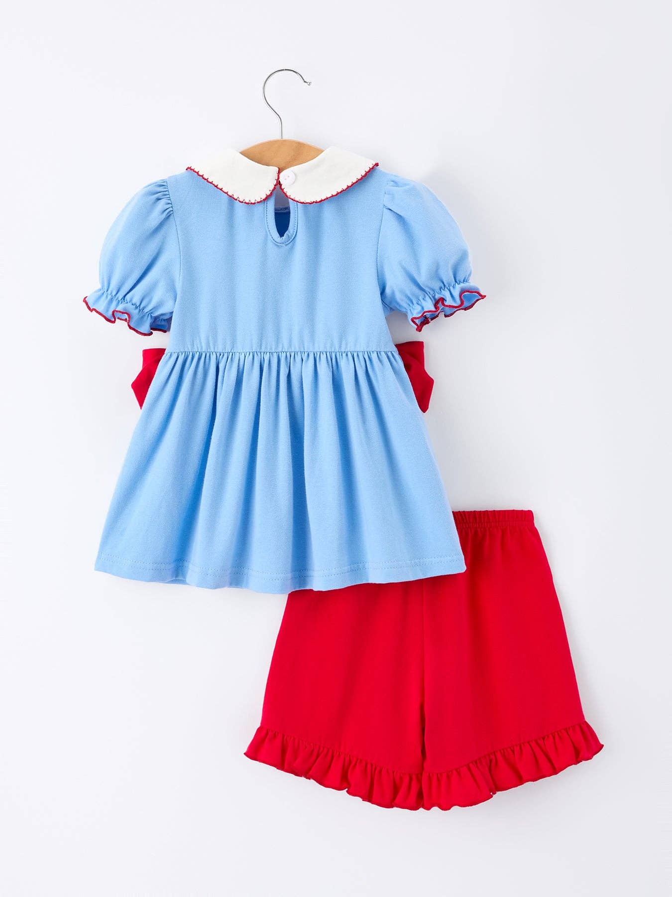 Girls Back To School Apple Outfit Set Bow Ruffle Petal Collar - Blue - SALE