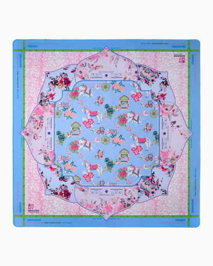 Decorative tablecloth with floral and animal pattern on a blue border