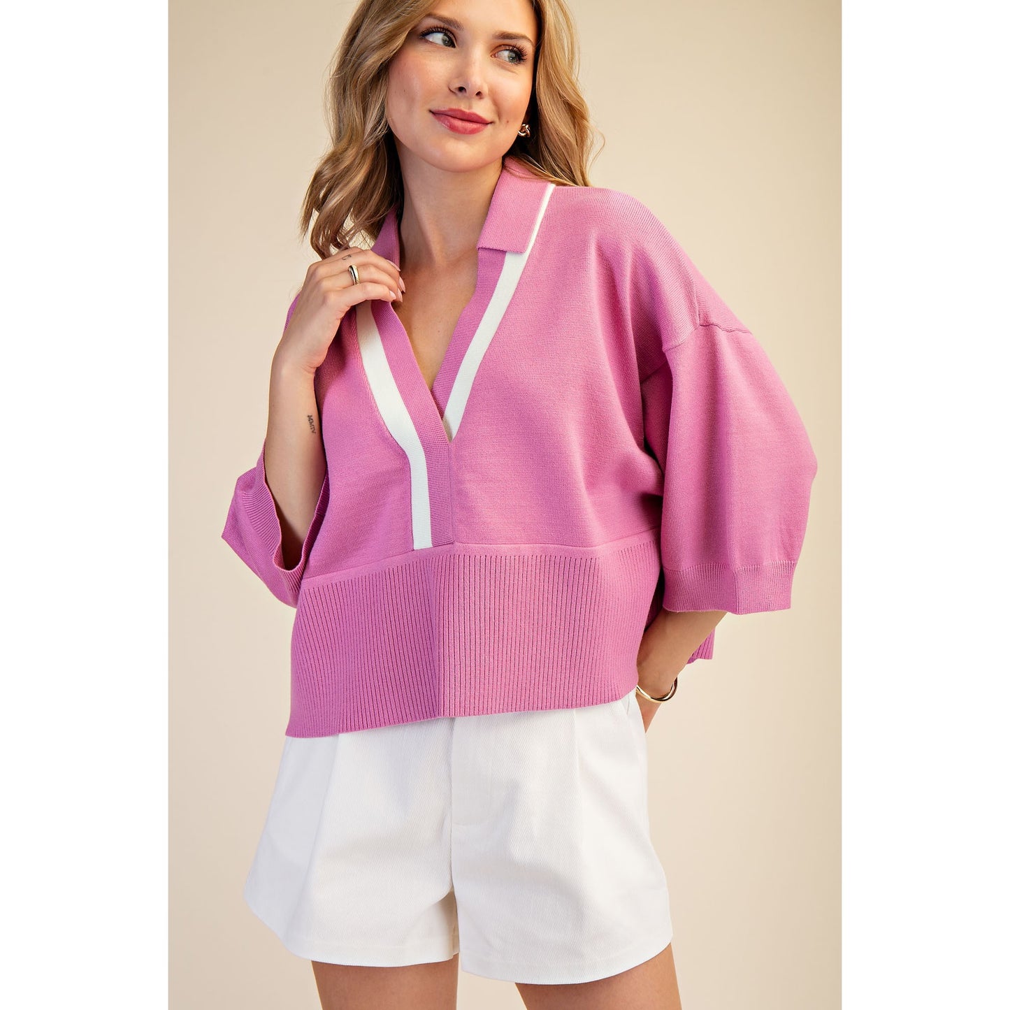 Pink Contrast Trim Sweater – Loose Fit V-Neck Knit Top - 9684