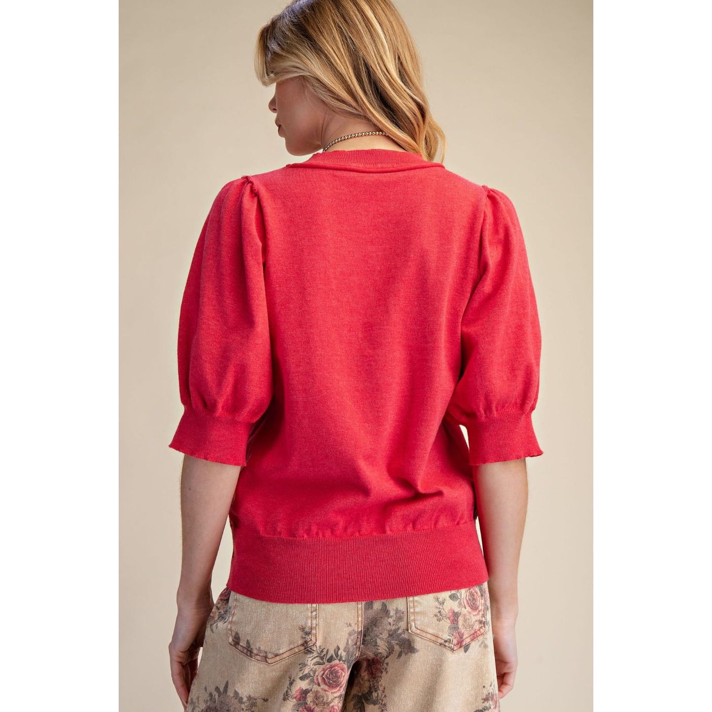 Short Puff Sleeve Knit Sweater Top 9799 - Red