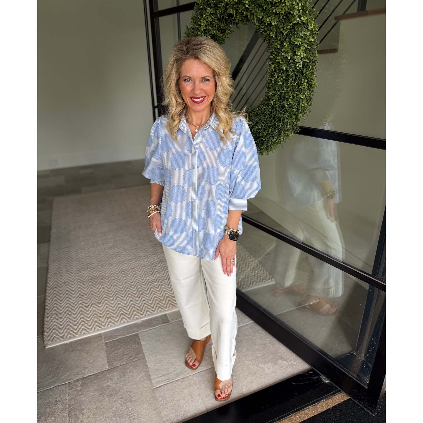 Easel - Striped, ¾ Bubble Sleeve, Button Down Top 1923 - Blue