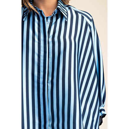 Oversized Blue Stripe Button Down Shirt with Balloon Dolman Sleeves 8932