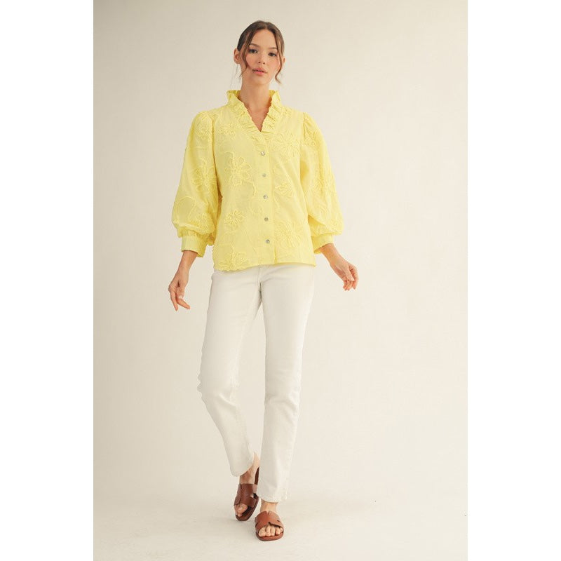 JL - ¾ Sleeve, 3D Floral Top 2376 - Yellow