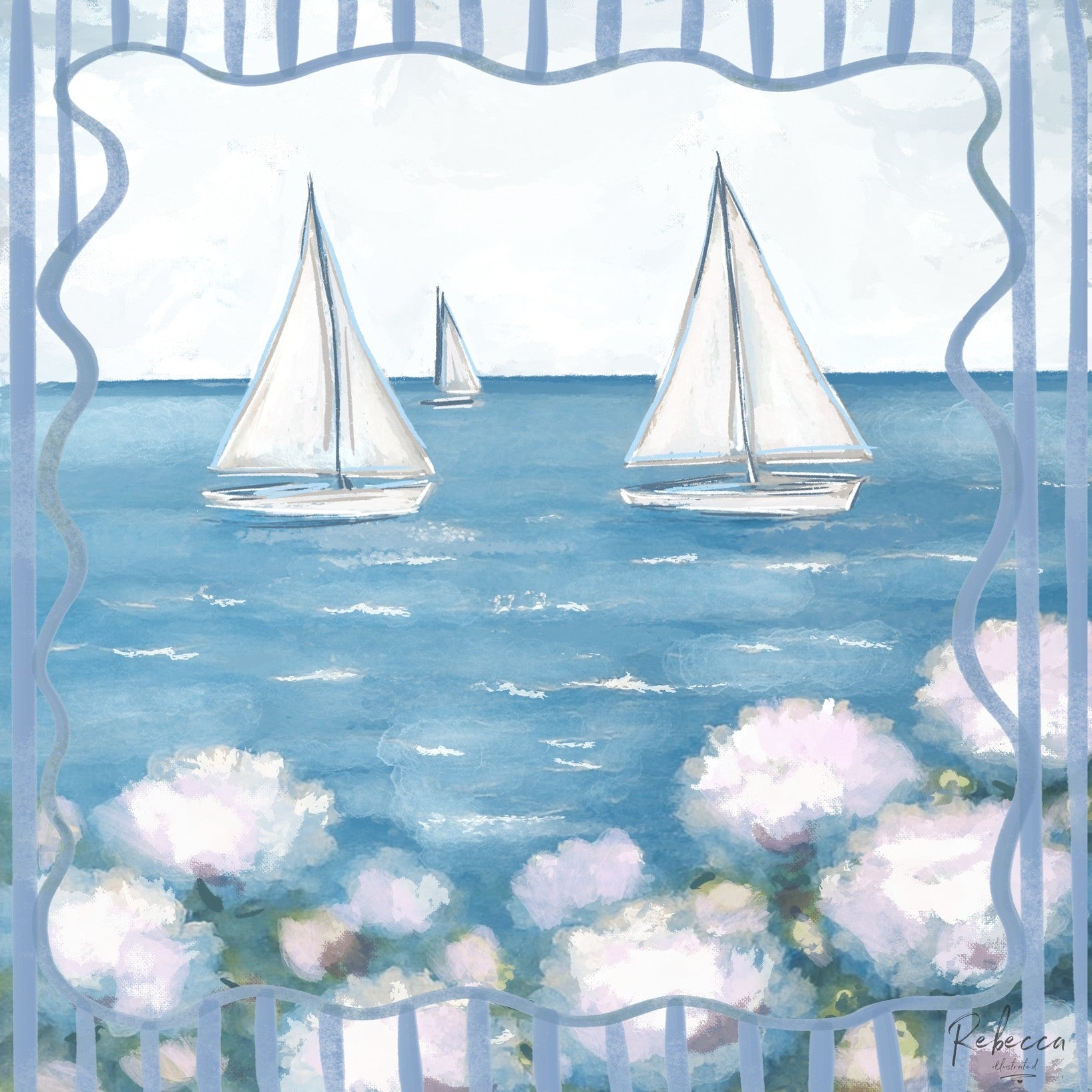 Sailboats on a blue ocean with floral elements and decorative frame.