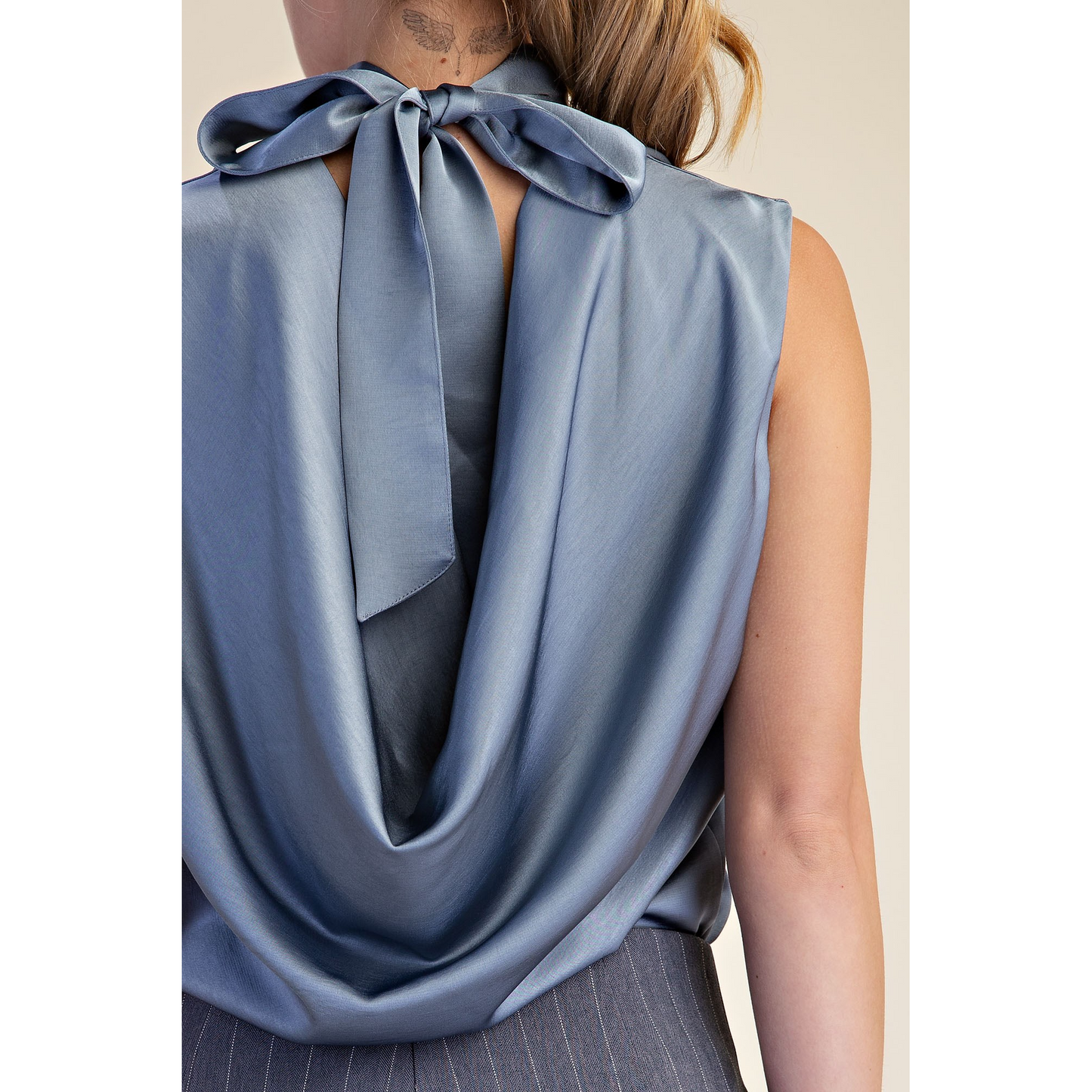 High Mock Neck Sleeveless Cowl Back Tie Top 8189 – Slate