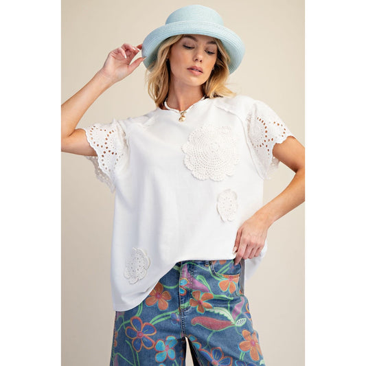 Lace Detail Flutter Sleeve Top – Cream Crochet Patch Blouse 9027