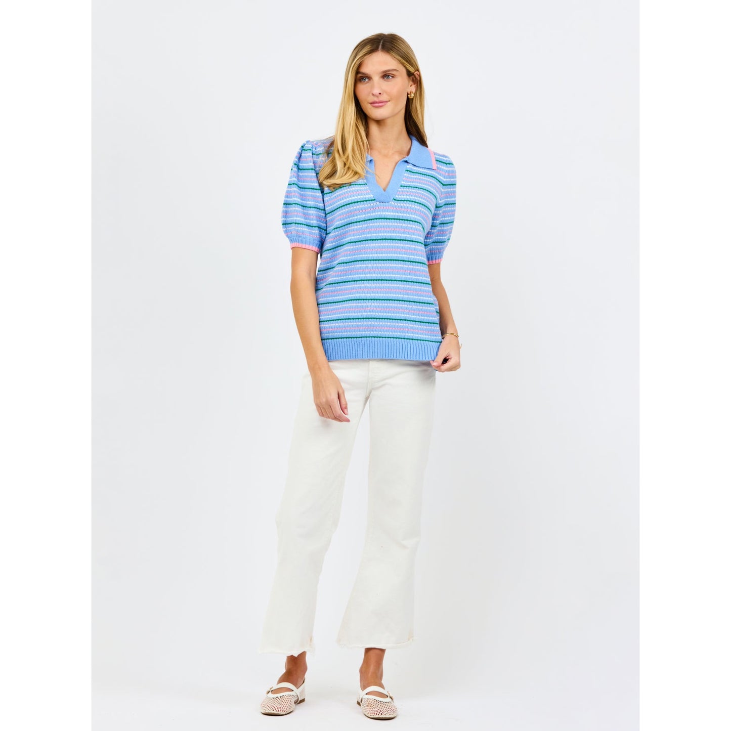 Emma Collared Puff Sleeve Sweater – Blue Multi Stripe - SALE was $74.95