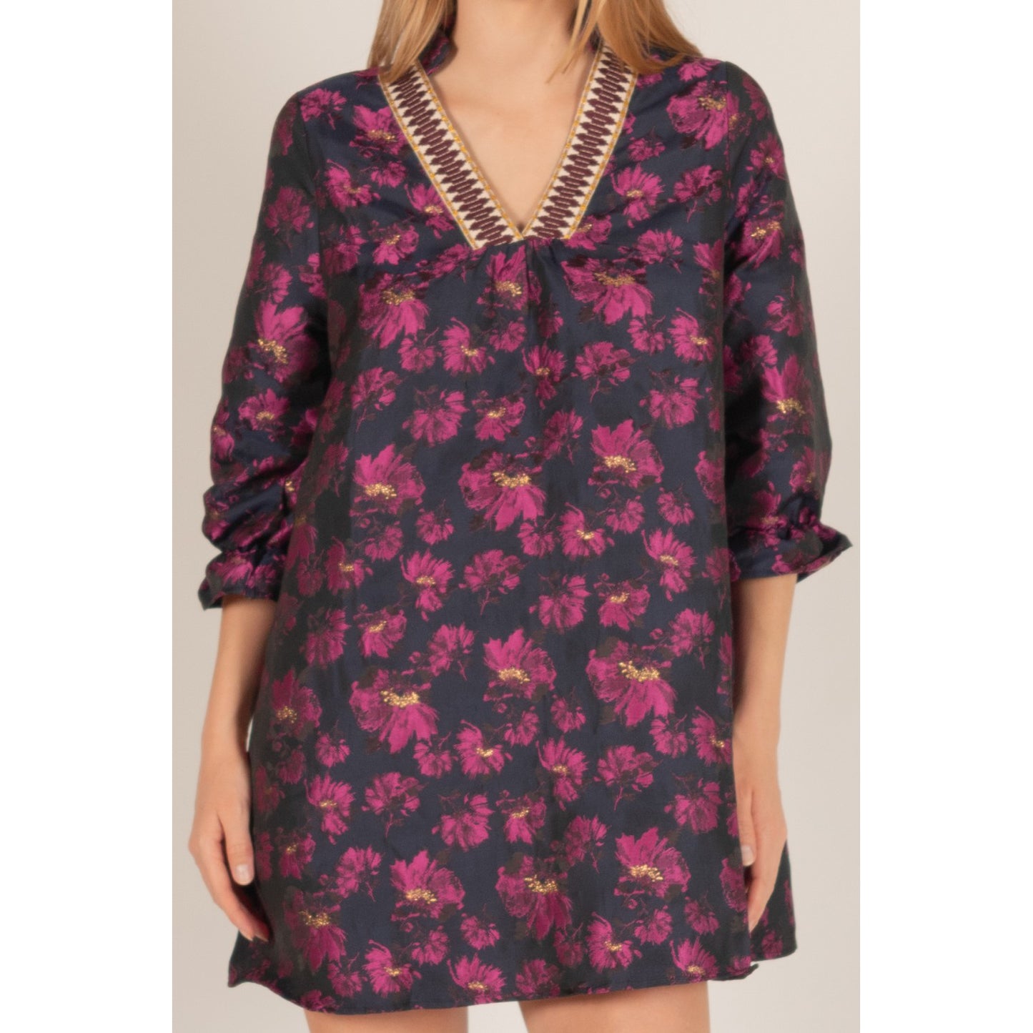 BYC - Floral Jacquard, ¾ Sleeve, Dress w Contrast Collar 0472 - Navy / Fuchsia