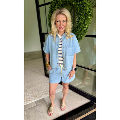 Everyday Ultra Soft Denim Button Down Top – Light Wash (Pairs with Seaway Shorts)