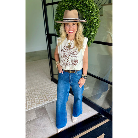 Western Rodeo Stud Detail Sleeveless T-shirt Top 7912 – Ivory