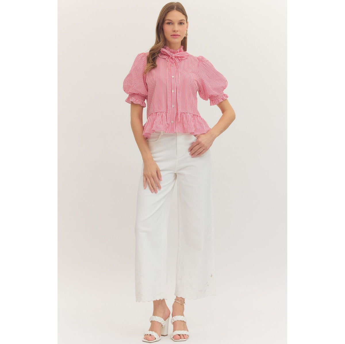 Red Stripe Ruffle Neck Puff Sleeve Top 1590