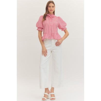 Red Stripe Ruffle Neck Puff Sleeve Top 1590