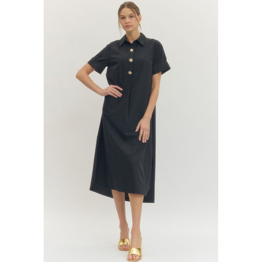 Entro - Short Sleeve, Midi Dress w Pockets 9516 - Black