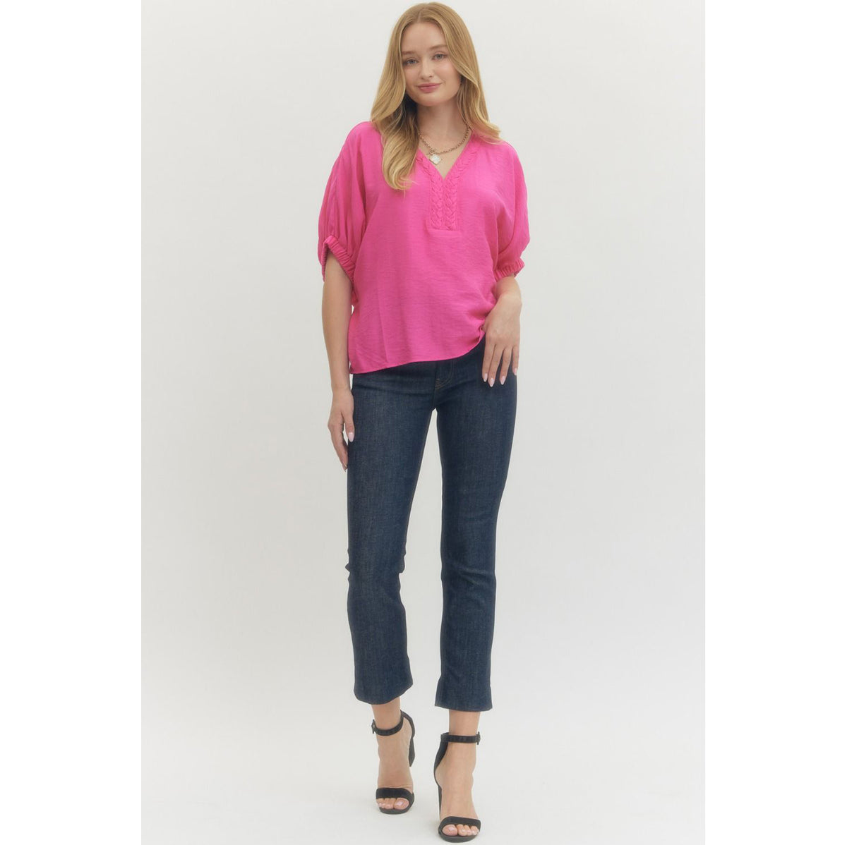 ENTRO -  V-Neck, Dolman Top w Trenza Detail 6938 - Pink