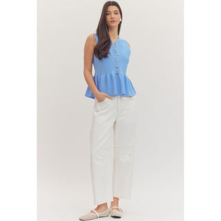 Blue Sleeveless Button Front Peplum Top - 1151