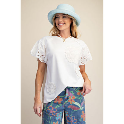 Lace Detail Flutter Sleeve Top – Cream Crochet Patch Blouse 9027