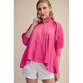 Hot Pink Half Zip Blouse – Mock Neck Puff Sleeve Top - 8080*