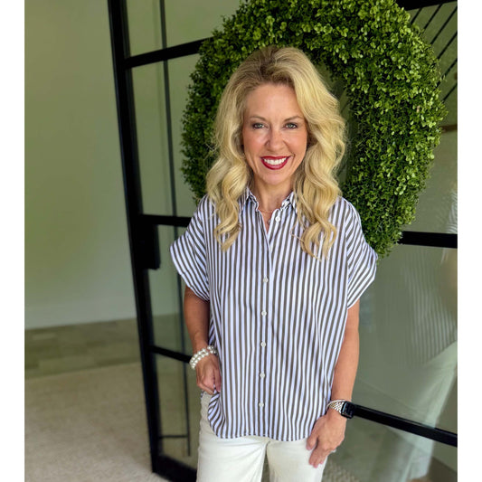 SPANX® Poplin Oversized Short Sleeve Button Down – Frosted Moss/Classic White Stripe