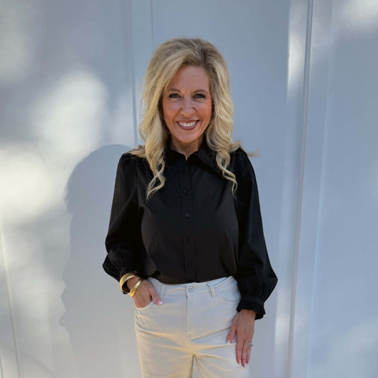 JL - Ruffle Accent, Button Down, Collared Top 2571 - Black