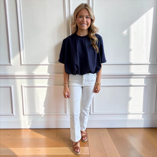 Cropped Bubble Hem T-Shirt Top – Navy