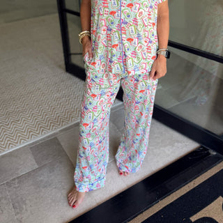 Mahjong Dreams Button-Up Sleep Shirt & Pants Pajama Set - Light Blue / Multi