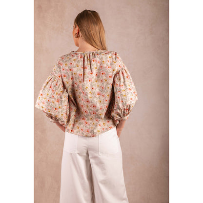 BYC - Printed, Cotton, Peasant Blouse w Knotted String, Top 1102 - Cream