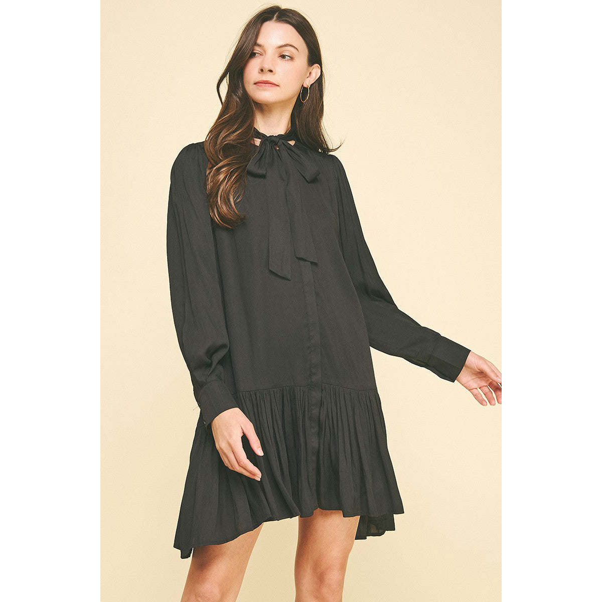 Pinch -  Tiered Mini Dress With Tie Neck 6115 - Black.