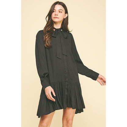 Pinch -  Tiered Mini Dress With Tie Neck 6115 - Black.