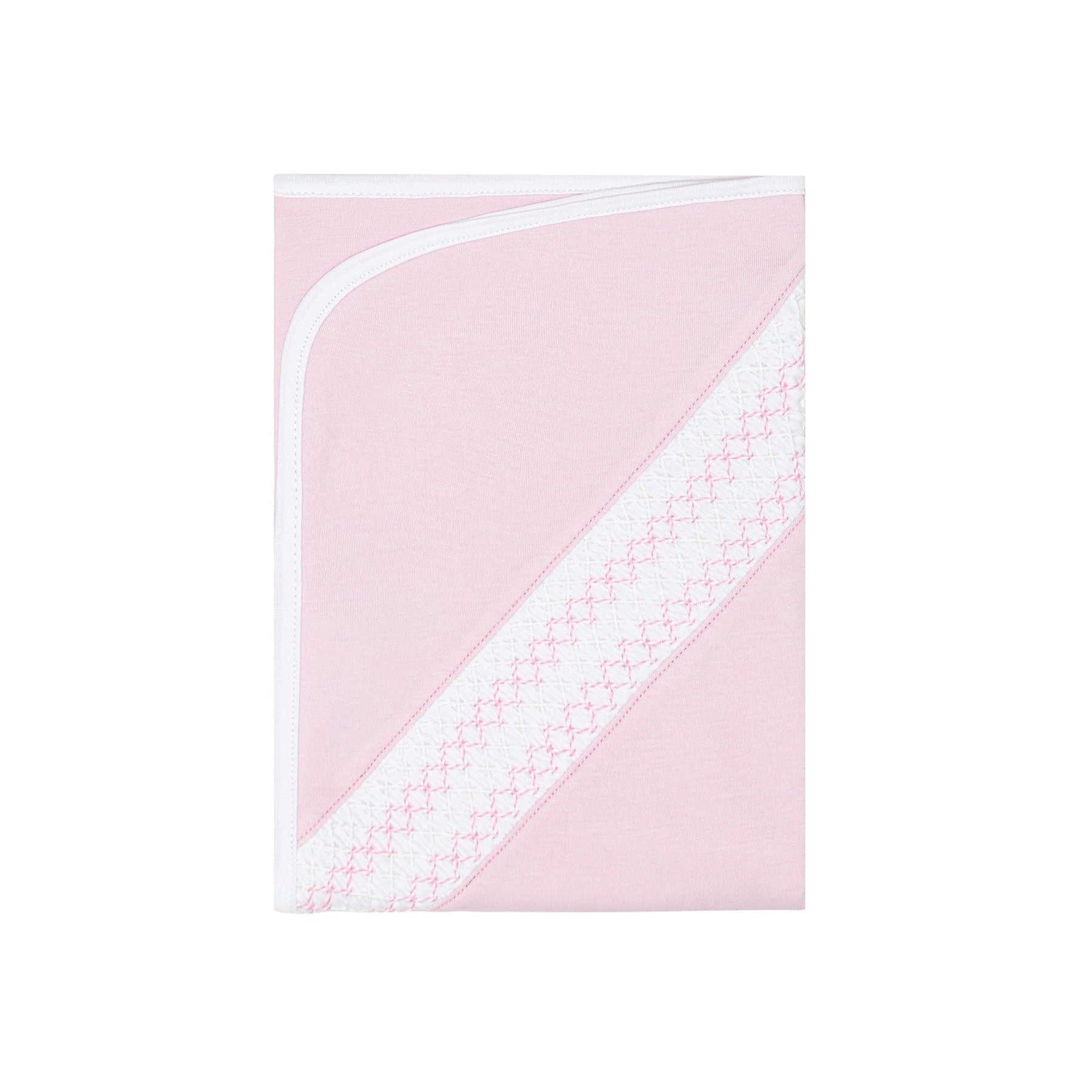 Pink baby blanket with white border and textured pattern on a white background