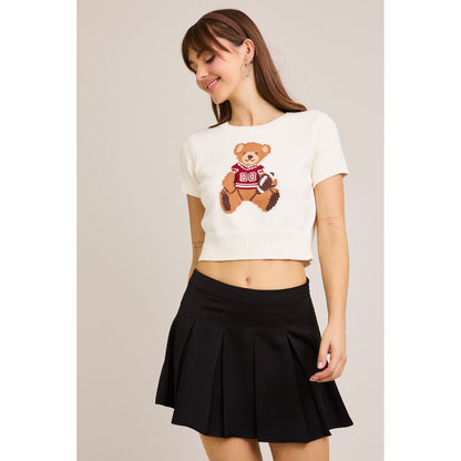 LL - Short Sleeve, Crew Neck, Teddy Bear Sweater Top 5170 - White / Red