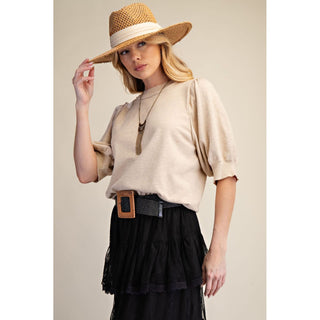 Short Puff Sleeve Knit Sweater Top 9799 - Oatmeal