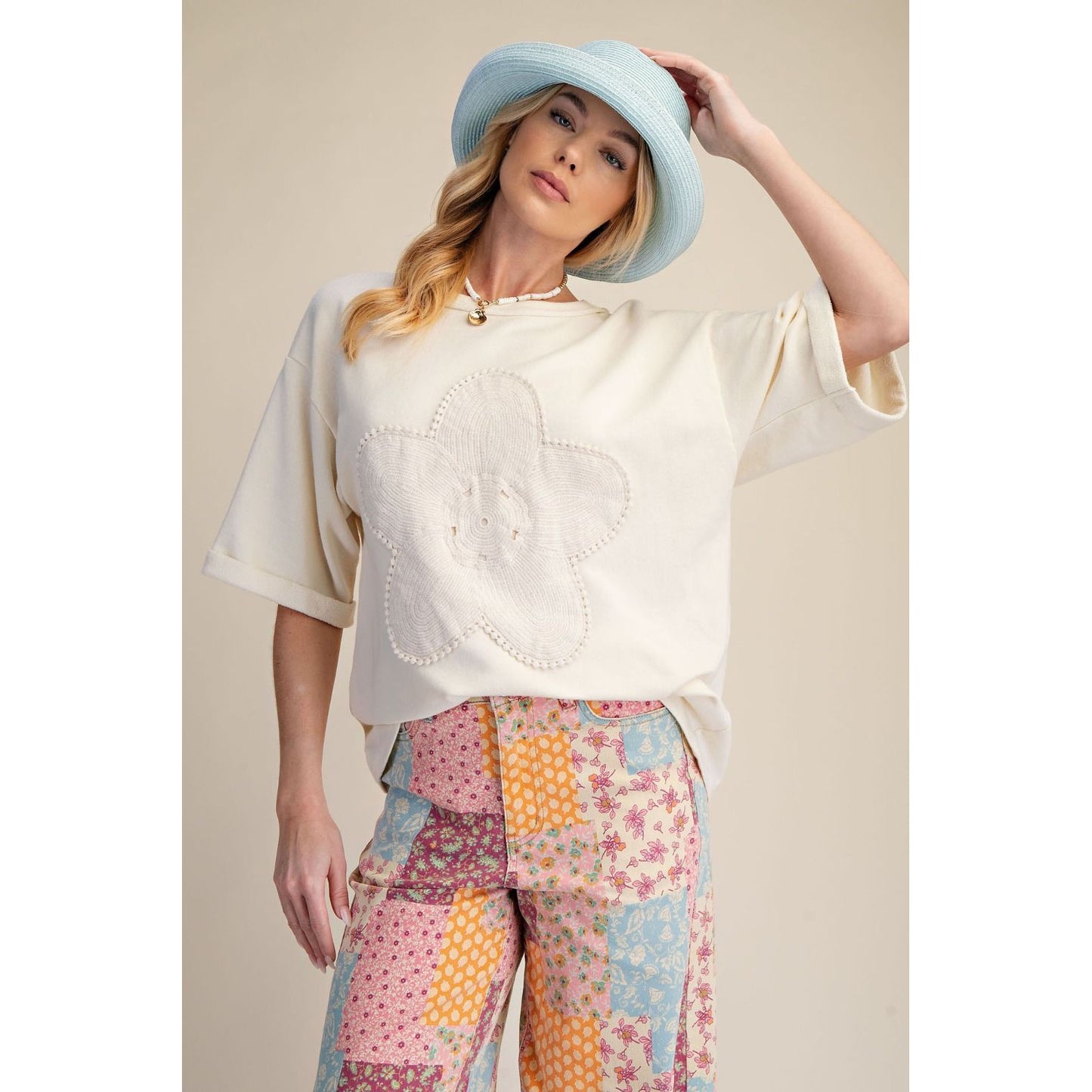 Ivory Floral Patch Washed Terry Top 9025