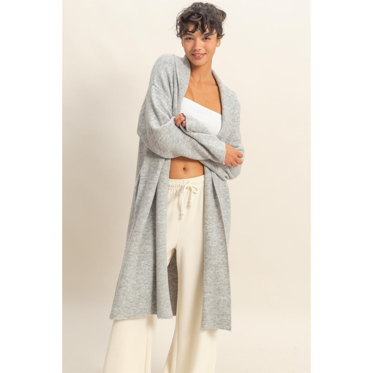 DZ - Longline Open Front Duster Sweater, Cardigan 435 - Heather Gray - SALE